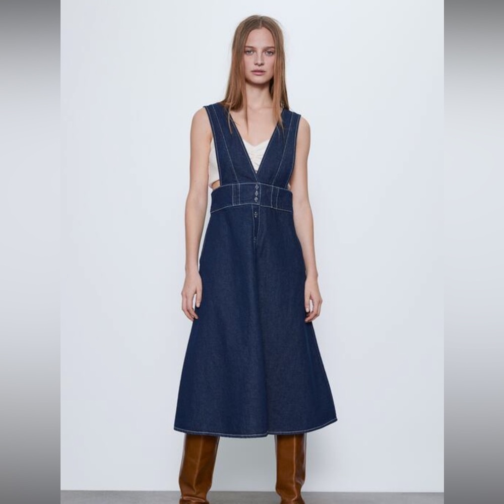 Zara Blue Denim Pinafore Dress with Buttons